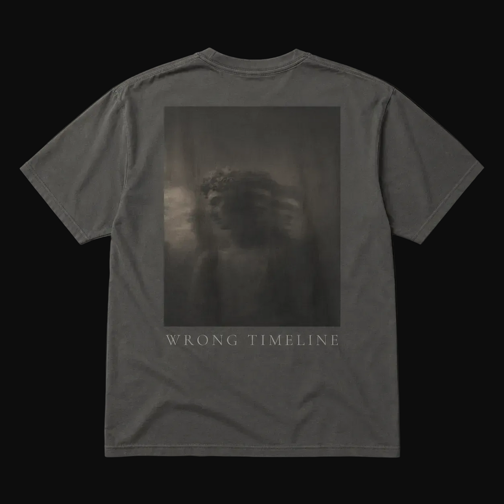 Gray t-shirt with a graphic design and 'Wrong Timeline' text on a black background