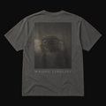Gray t-shirt with a graphic design and 'Wrong Timeline' text on a black background